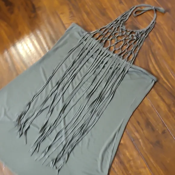 Olive Green Halter Fringe Top - Picture 4 of 8